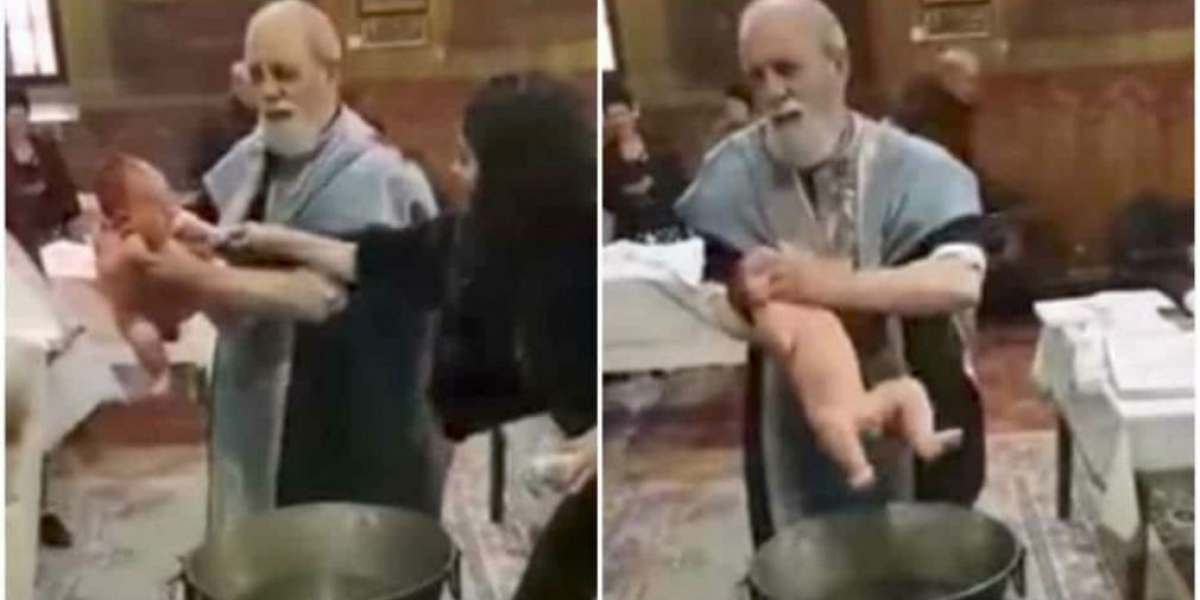 Captura de Pantalla En pleno bautizo, sacerdote no aguantó llanto del bebe y tuvo una reacción brusca con él
