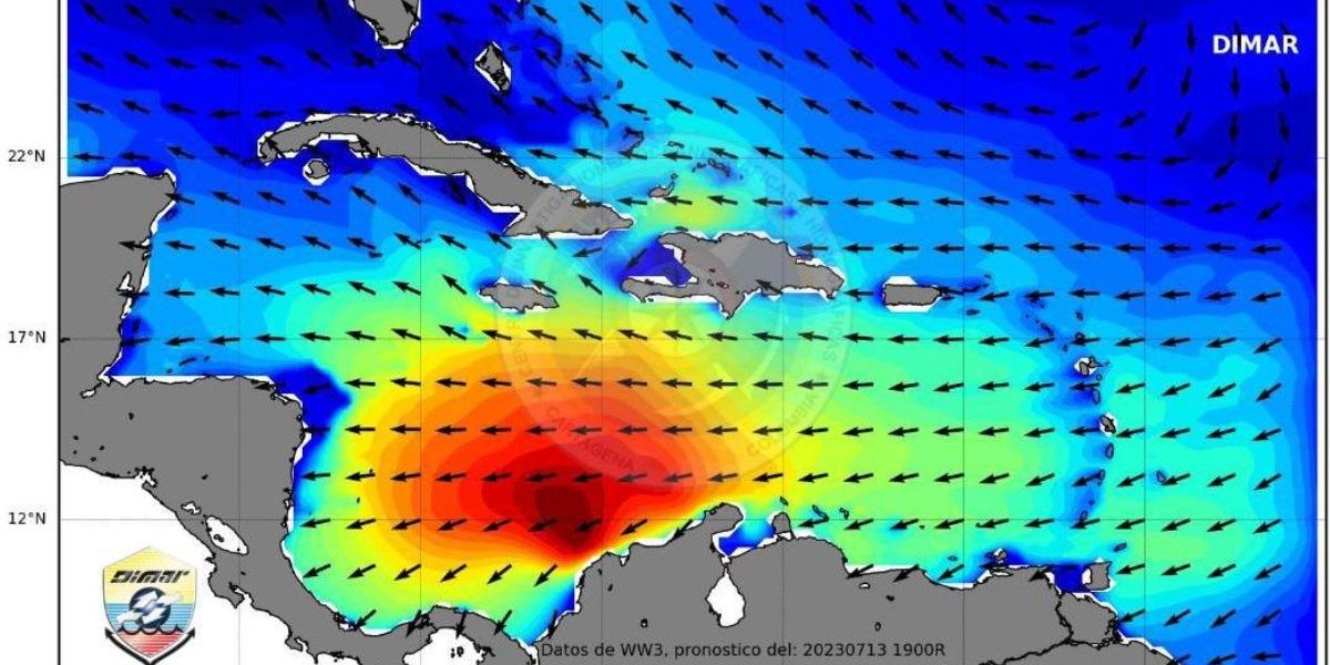 Dimar Zona en rojo donde se concentrará el aumento de los vientos y del oleaje.