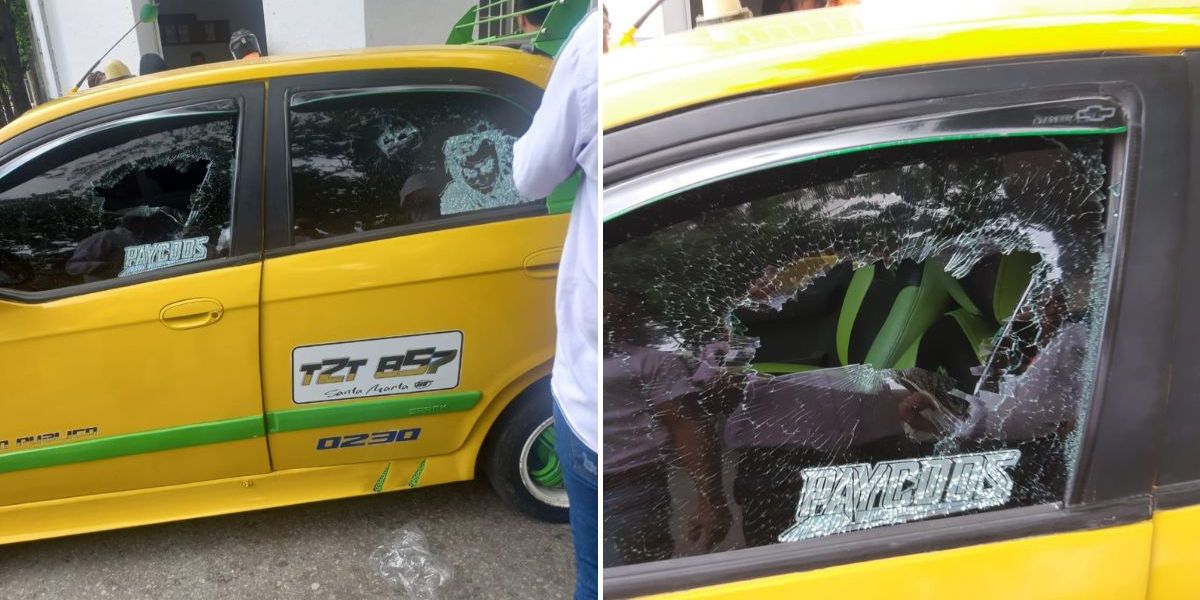 Cortesía. Taxi baleado, al parecer, en un intento de fleteo en Santa Marta.
