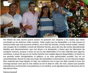 Patricia Acosta dejó un mensaje en redes sociales para aclarar el tema de los audios en que acusa a la Dayana Jaimes de la muerte de su hijo. 