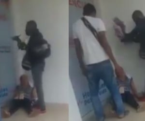 La mujer y sus familiares en la entrada del hospital de Fundación.