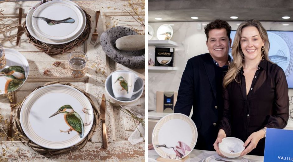 Cortesía Carlos Vijes, Claudia eelana junto a la colección de vajillas